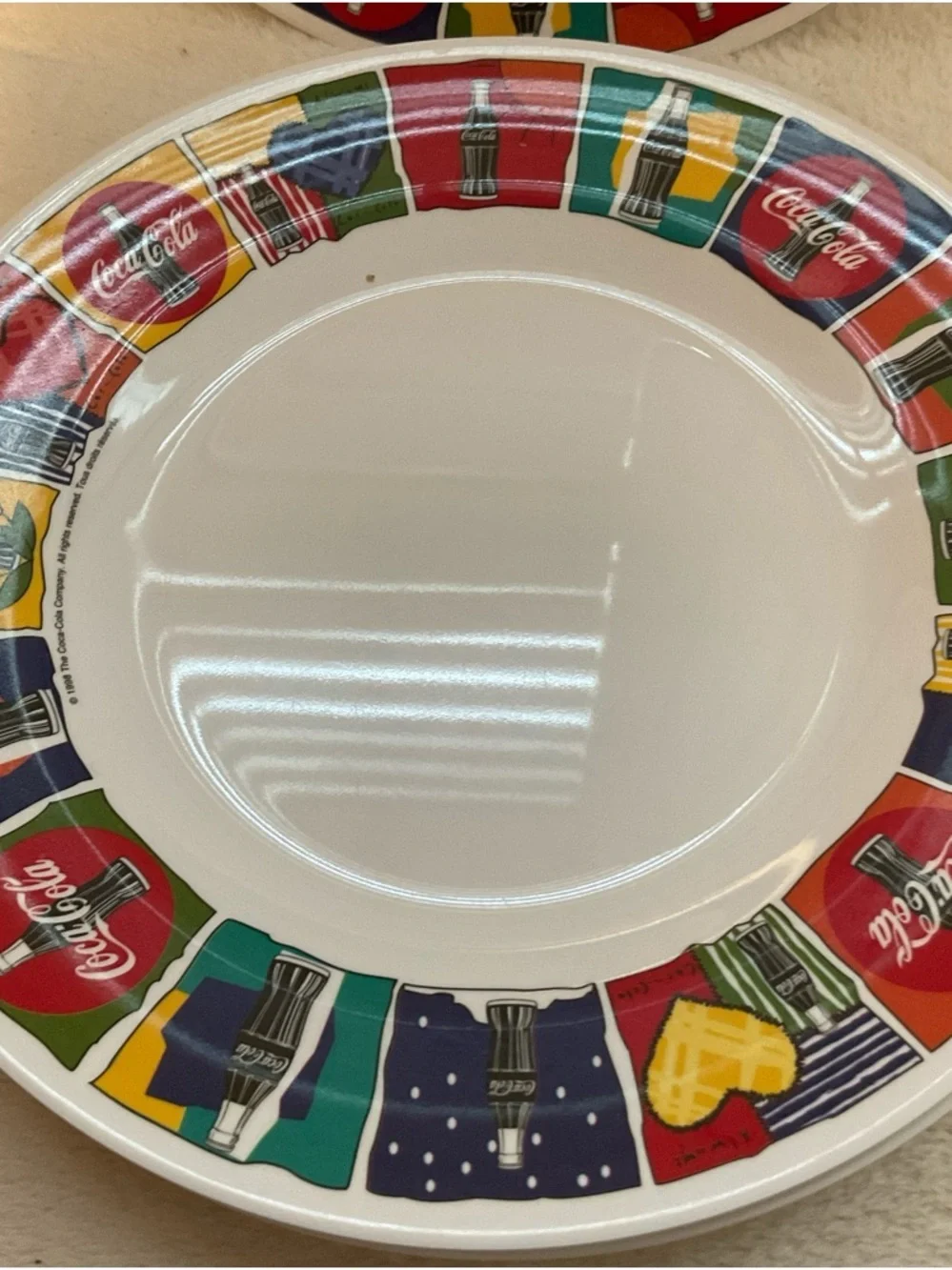 Coca-Cola White Ceramic Bowls with Red Heart and Yellow, Green Accents